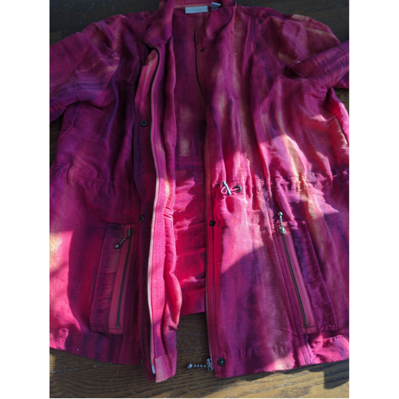 Chico's Women Linen Jacket Pink Art to Wear Abstract Cinch Waist Sz 2 Windbreake - Picture 7 of 9